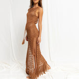Women Knit Beach Cover Summer Hollow out Tied Tassel Beach Maxi Dress