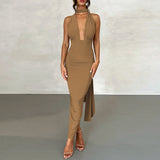 Women Dresses Summer Sexy Deep V-neck Backless Fold Split Dress