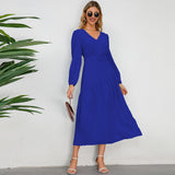 Women Date Dress Autumn and Winter V-neck Bubble Long Sleeve Dress