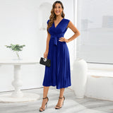 Women Date Dress Summer V-neck Pleated Sleeveless Waist Dress
