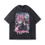 Men T Shirt Cartoon Distressed Short Sleeve T-shirt Vintage Washed Oversize Half Sleeve T-shirt