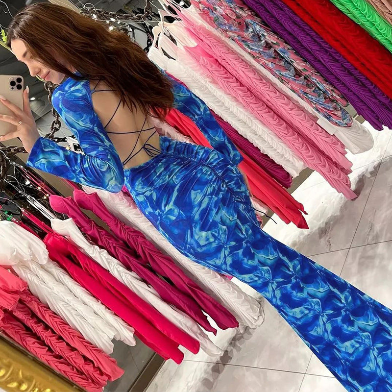Women Dresses Spring Sexy Backless Slit Slim Fit Long Sleeve Dress