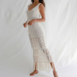 Women Knit Beach Cover Sun-Proof Beach Dress Hollow out Strap Long Dress with Tassel