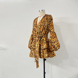 Women Dresses Autumn Sexy V-neck Leopard Print Dress Long Sleeve Lantern Sleeve (Zns0409)