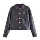 Women Leather Jacket Retro Lapels Double Pocket Shirt PU Leather Coat