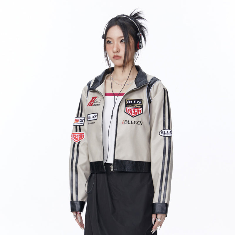 Women Jacket Contrast Color Locomotive Style Cropped Leather Coat
