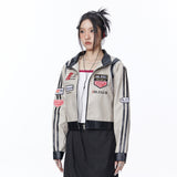 Women Jacket Contrast Color Locomotive Style Cropped Leather Coat