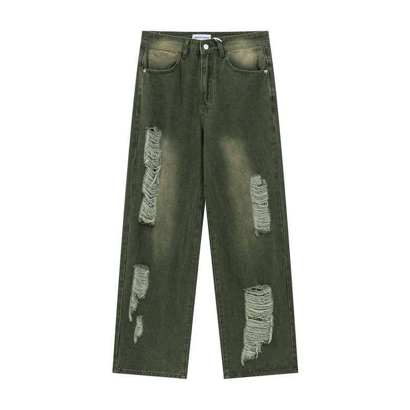 Men Jeans Ripped Wide-Legged Straight Jeans Retro Trousers