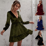 Women Dress Green Deep V-neck Puff Sleeve Velvet Dress