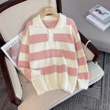 Women Knitwear Autumn and Winter Striped Polo Collar Knitwear Loose Knitted Cardigan