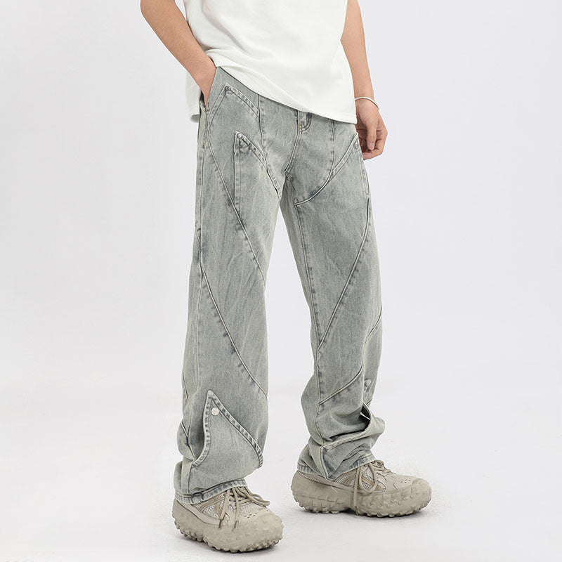 Men Jeans Vintage Distressed Straight-Leg Denim Pants Straight-Leg Denim Trousers