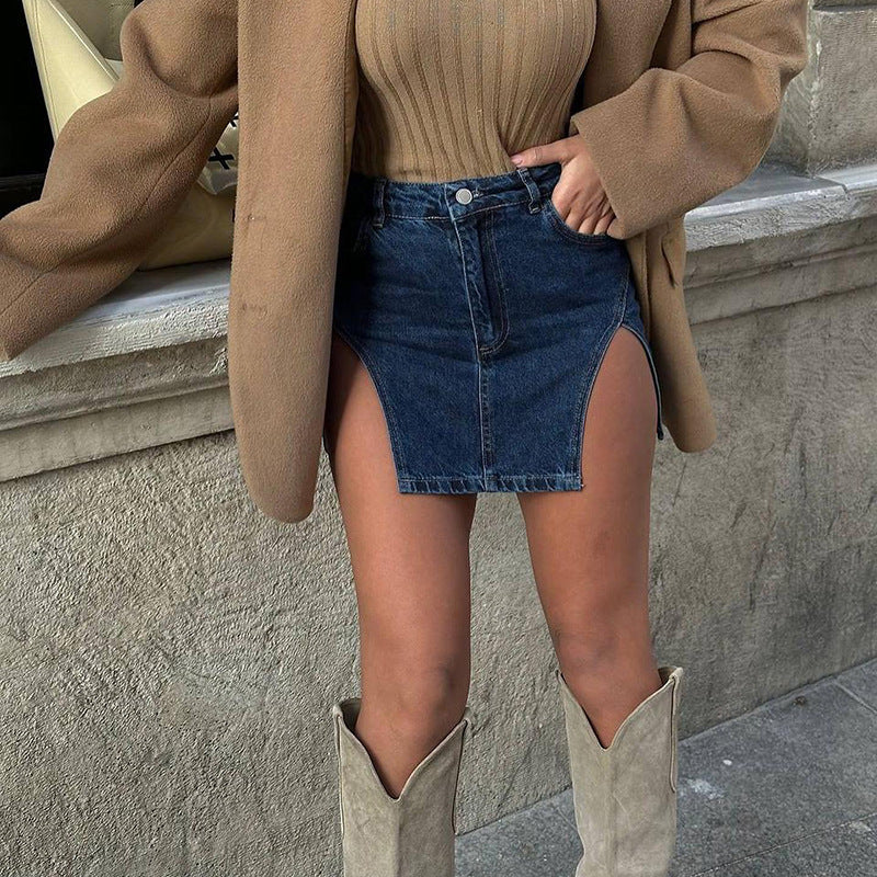 Women Dresses Summer Casual Slim Fit Skirt Sexy Slit Denim Skirt