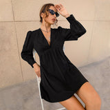 Women Dress Spring and Summer Sexy V-neck Puff Sleeve Long Sleeve Dress