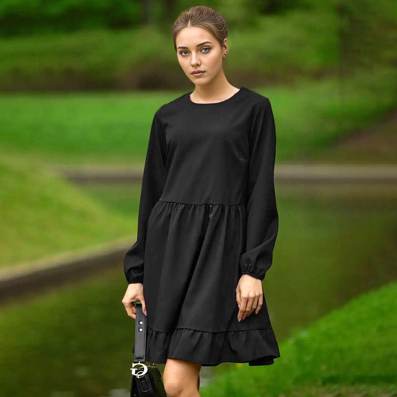Women Dress Loose Black Ruffled Dress round Neck Puff Sleeve Short Skirt