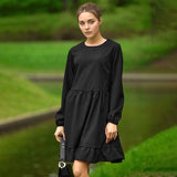 Women Dress Loose Black Ruffled Dress round Neck Puff Sleeve Short Skirt
