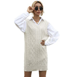 Women Knitted Sweater Autumn Solid Color and V-neck Vest Type Vest Knitted Sweater Dress