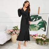 Women Date Dress Knitted Long Sleeve V-neck Lace-up Fishtail Skirt