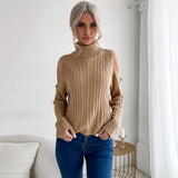 Women Knitted Sweater Turtleneck Solid Color Long Sleeve Twist off-Shoulder Sweater