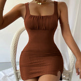 Women Dress Spring and Summer Sexy Slit Slim-Fitting Spaghetti Straps Knitted Dress Hip Skirt