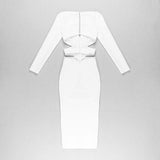 Women Evening Dress V-neck Bandage Dress Long Sleeve Simple Hollow Dress