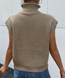 Women Knitted Sweater Autumn Solid Color Short Sleeve Turtleneck Sweater