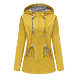 Women's Trench Coat Long-Sleeved Waterproof Mid-Length Trench Coat Women's Hooded Striped Raincoat