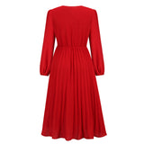 Women Date Dress Sexy V-neck Bubble Lantern Sleeve Pleated Skirt