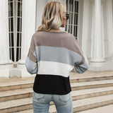 Women Knitted Sweater Autumn and Winter Leisure Fashion Colorblock Long Sleeve Sweater Outer Wear