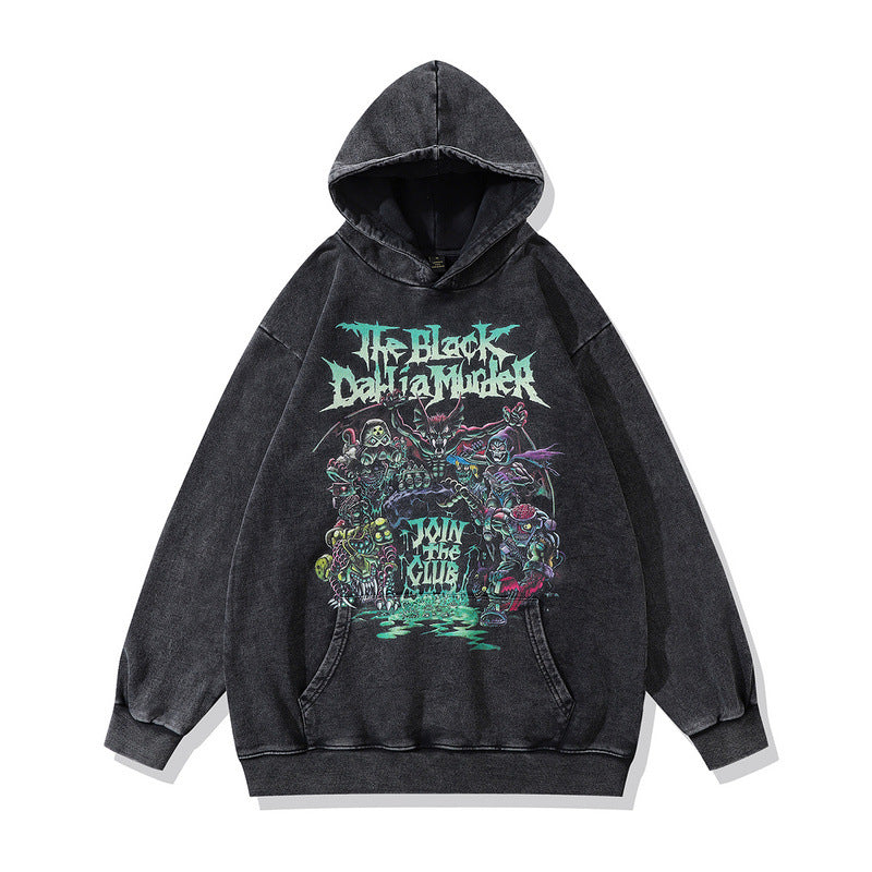 Men Hoodie Vintage Printed Washed and Worn Coat Hip Hop Hooded Sweater