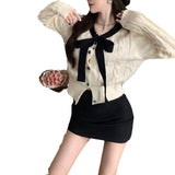 Women Knitwear Autumn and Winter Bow Twist O-neck Short Sweaters Cardigan