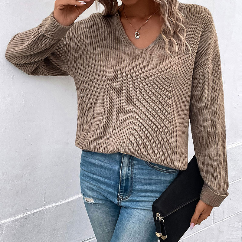 Women Knitted Sweater Autumn and Winter Long Sleeve Solid Color and V-neck Sweater