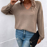 Women Knitted Sweater Autumn and Winter Long Sleeve Solid Color and V-neck Sweater