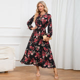 Women Date Dress Autumn Long Sleeve Lace Stand Collar Belt Long Dress