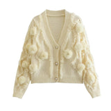 Women Sweater Knit Wear Three-Dimensional Fur Ball Long Sleeve Knitted Cardigan V-neck Sweater Coat