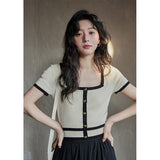 Women Knitwear Square Collar Short Sleeve Knitwear Summer T-shirt