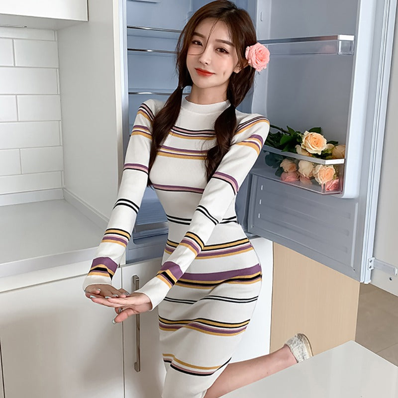 Women Maxi Dress Autumn and Winter Long Sleeve Striped Sweater Dress Knitted Dress