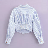 Women Tops Summer Stripes Cropped Shirt Lapel Single Breasted Cropped Top