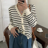 Women Knitwear Autumn and Winter V-neck Striped Sweaters Cardigan