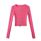 Women Tops Spring/Summer Double Zipper Knitted Cardigan Short Top
