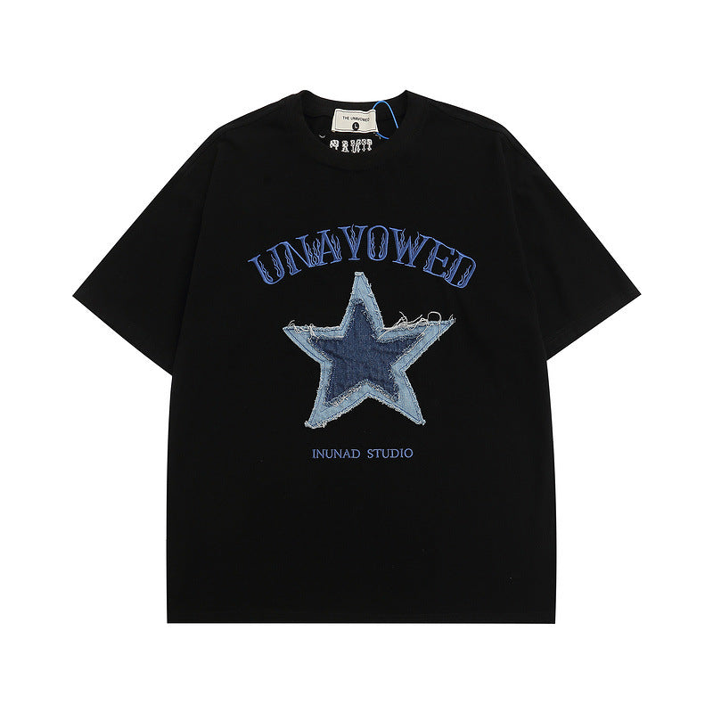 Men T Shirt Vintage Denim Stitching Embroidered Short Sleeve T-shirt