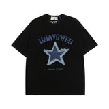 Men T Shirt Vintage Denim Stitching Embroidered Short Sleeve T-shirt