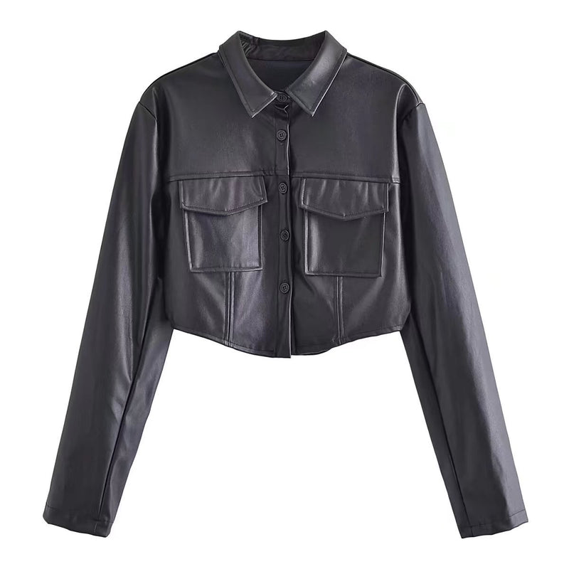 Women Leather Jacket Autumn PU Leather Coat Workwear Shirt Coat