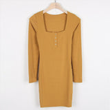 Women Dresses Button Open Collar Long Sleeve Hip Skirt Square Collar Dress Short Skirt