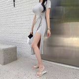 Women Dresses round Neck Bowknot Short Sleeve Dress Midi Dress
