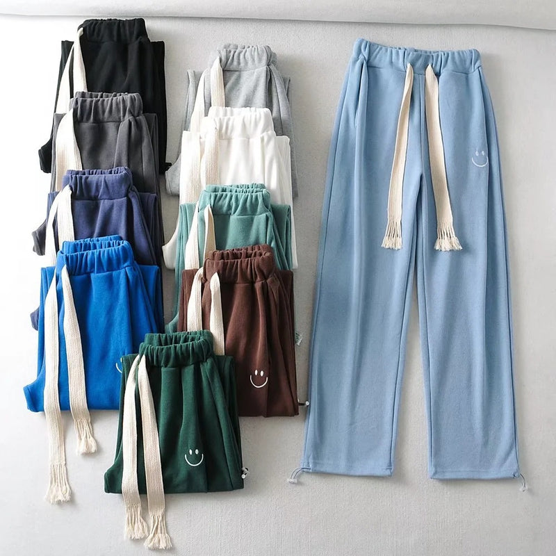 Women Sweatpants Smiley Embroidered Sports Pants Autumn and Winter Loose Sweatpants Casual Pants
