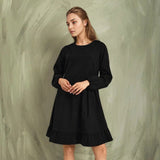Women Dress Loose Black Ruffled Dress round Neck Puff Sleeve Short Skirt