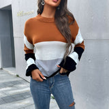 Women Knitted Sweater round Neck Long Sleeve Color Matching Sweater for Women Autumn and Winter