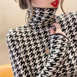 Women Knitted Pullover Autumn Winter Sweater Houndstooth Slim-Fit Turtleneck Top