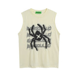 Men Vest Vintage Spider Print Suede Sleeveless T-shirt