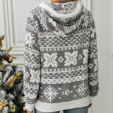 Women Trench Coat Fall Winter Hooded Cardigan Christmas Style Printed Plush Coat